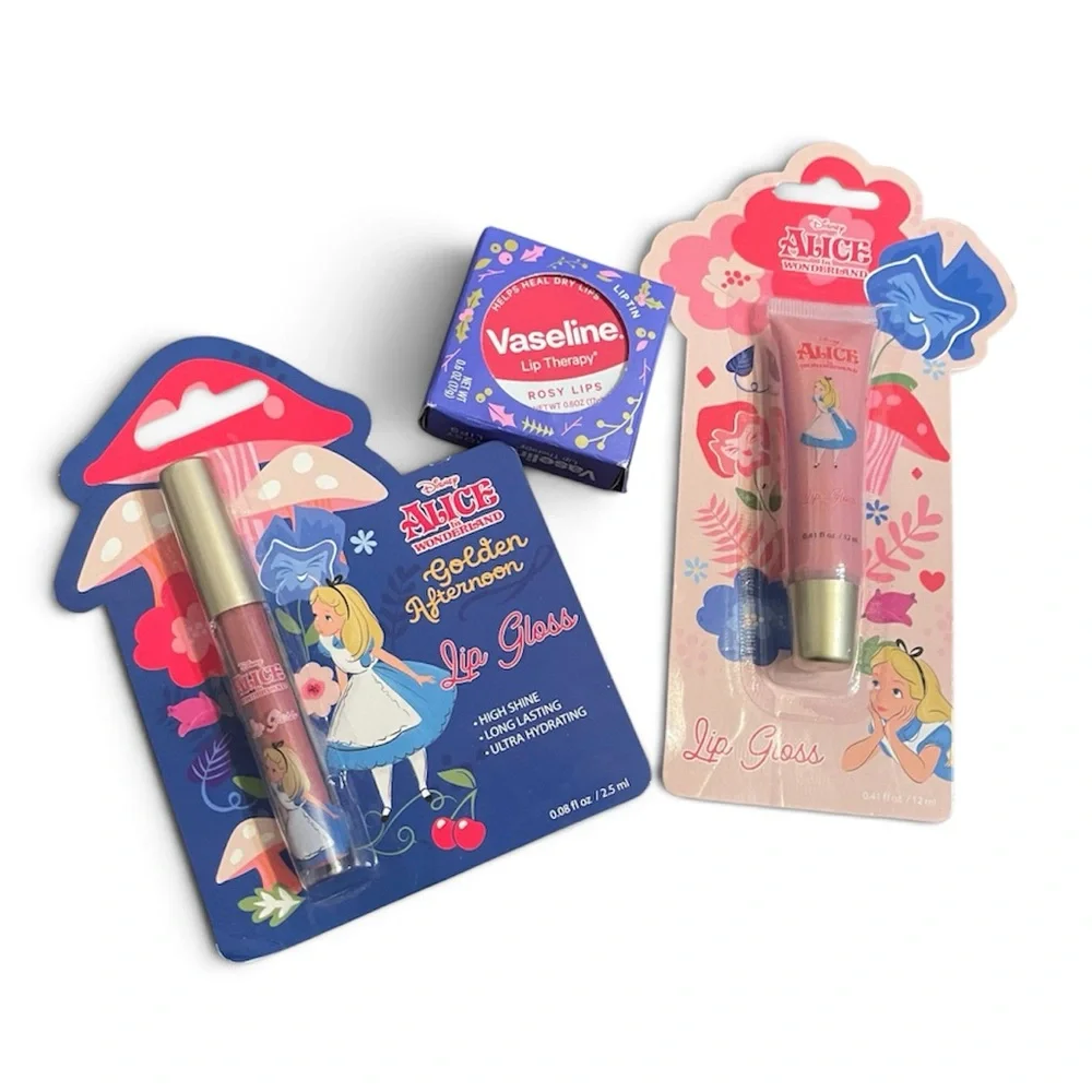 Disney Alice in Wonderland Lip Gloss (2) & Vaseline Rosy Lips Lip Therapy NWT